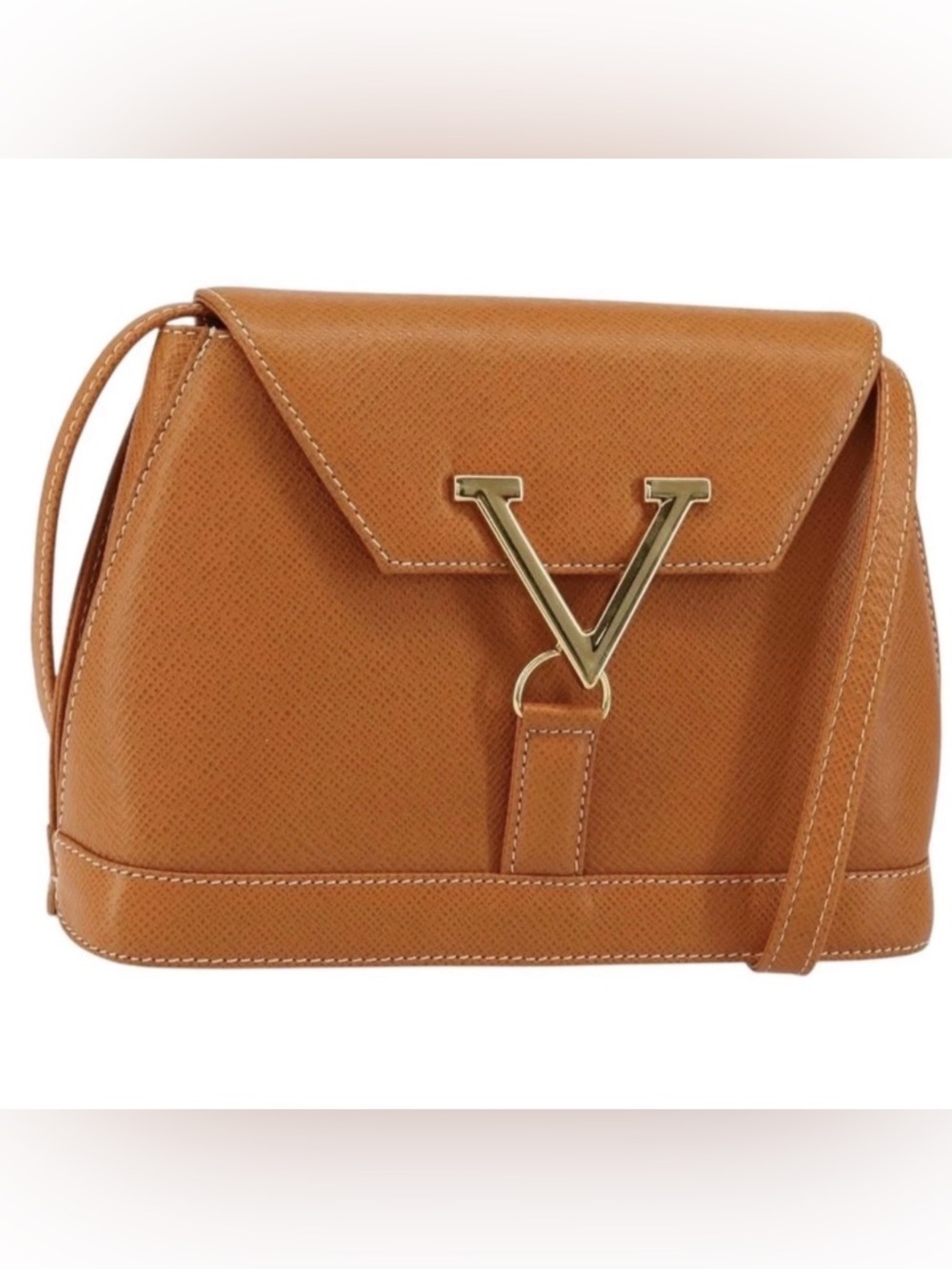 Valentino Tan Leather Shoulder Bag with Gold V Hardware
